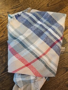 blanket scarf Plaid Fringe Scarf in Cream with Blue, Pink & Green Stripes